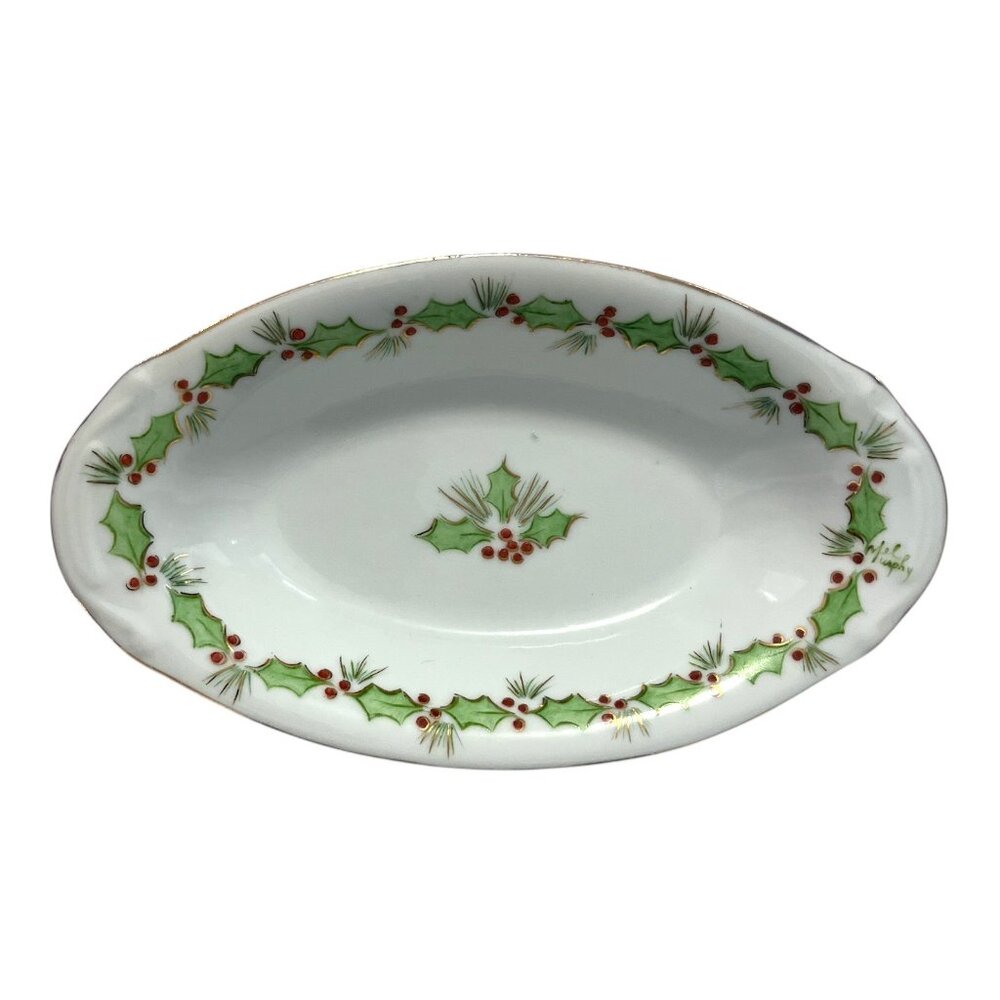 Vintage Hand-Painted Christmas Holly Oval Porcelain Bowl – Gold Trim